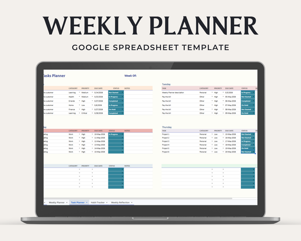 Weekly Planner Google sheets | ADHD Planner & Productivity Tracker | Digital download