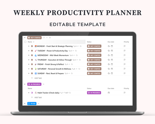 ClickUp Weekly Planner Template | Digital Productivity Organizer | Task Manager | Daily Habit Tracker | Editable