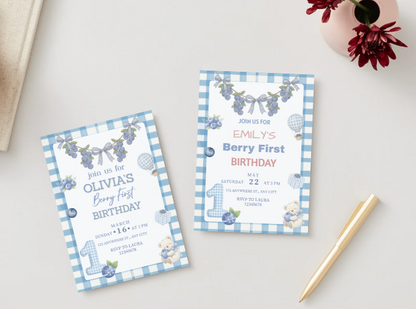 Blueberry First Birthday Invitation | Berry Theme Birthday Invite | Editable & Printable | Mobile Friendly | Gender Neutral