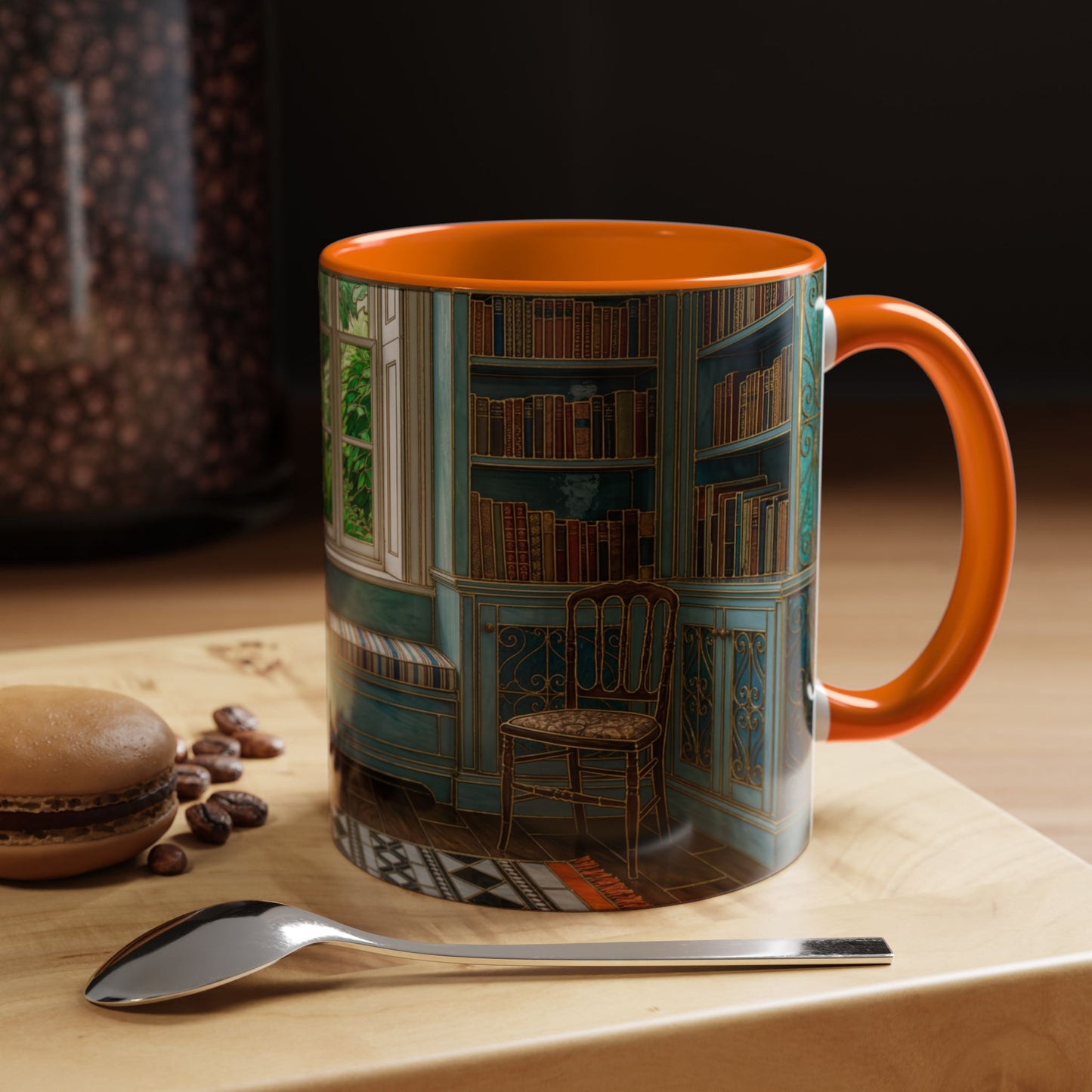 Cozy Reading Nook Coffee Mug — Vintage Library Window Scene Accent Mug