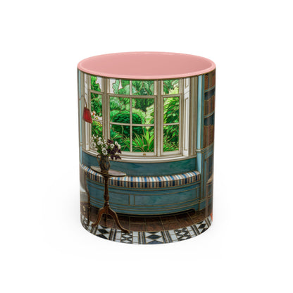 Cozy Reading Nook Coffee Mug — Vintage Library Window Scene Accent Mug