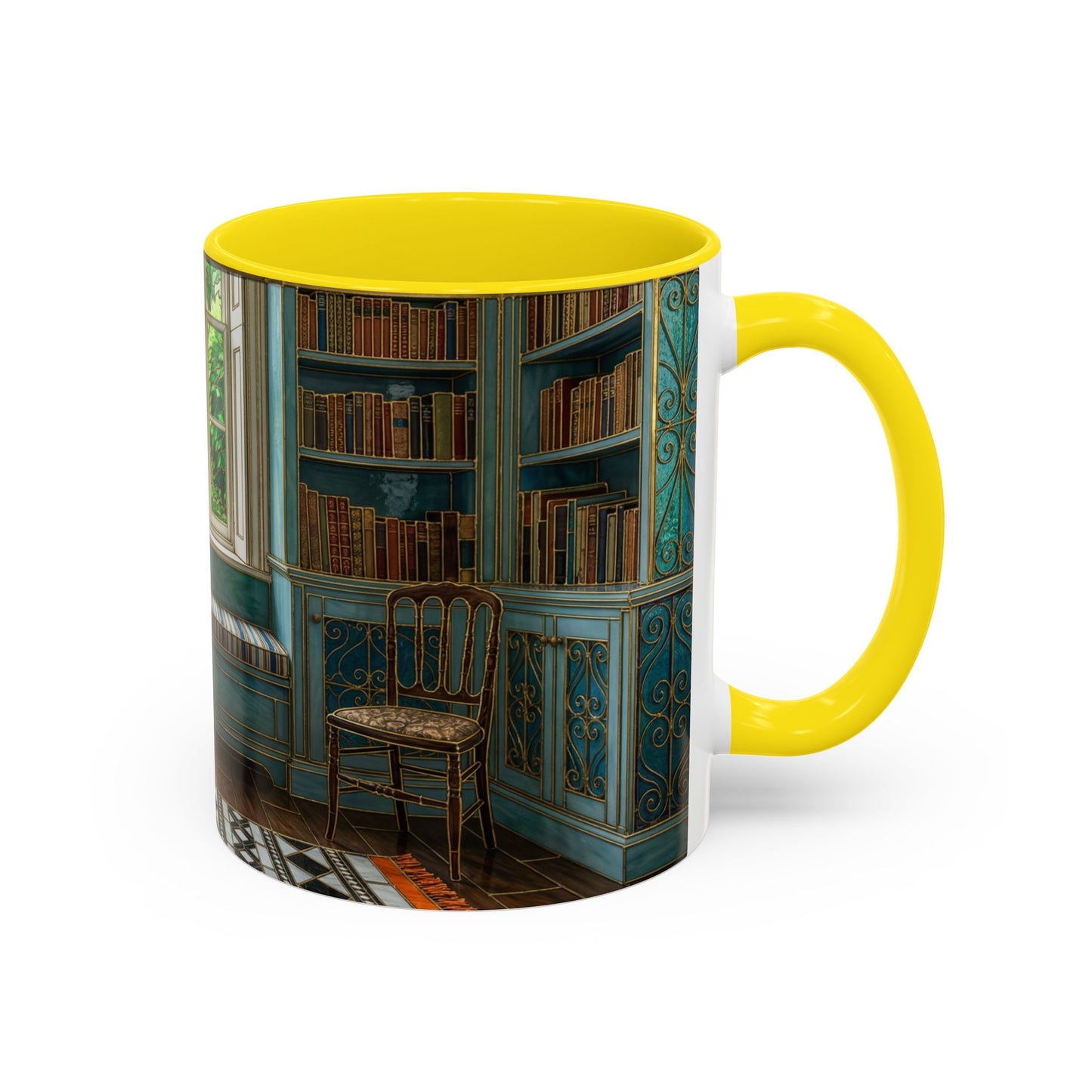 Cozy Reading Nook Coffee Mug — Vintage Library Window Scene Accent Mug