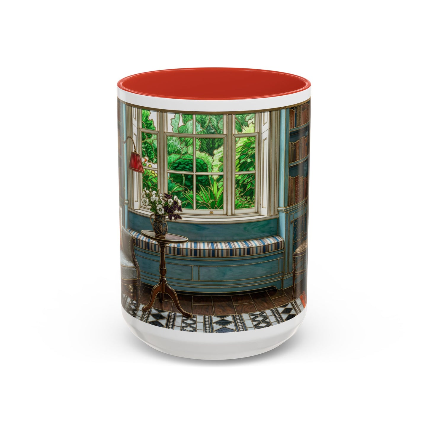 Cozy Reading Nook Coffee Mug — Vintage Library Window Scene Accent Mug