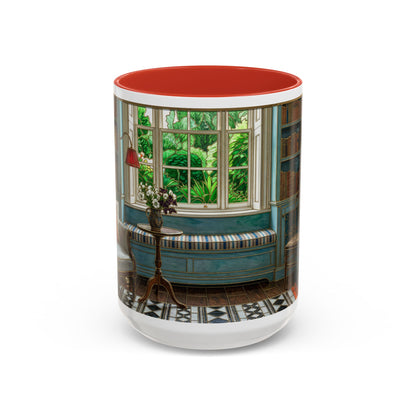 Cozy Reading Nook Coffee Mug — Vintage Library Window Scene Accent Mug