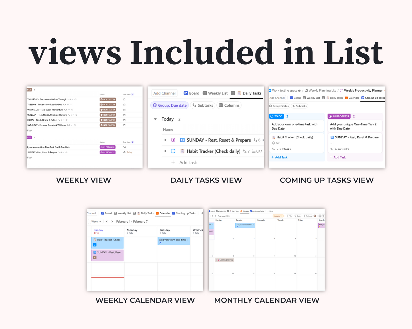 ClickUp Weekly Planner Template | Digital Productivity Organizer | Task Manager | Daily Habit Tracker | Editable