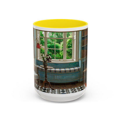 Cozy Reading Nook Coffee Mug — Vintage Library Window Scene Accent Mug