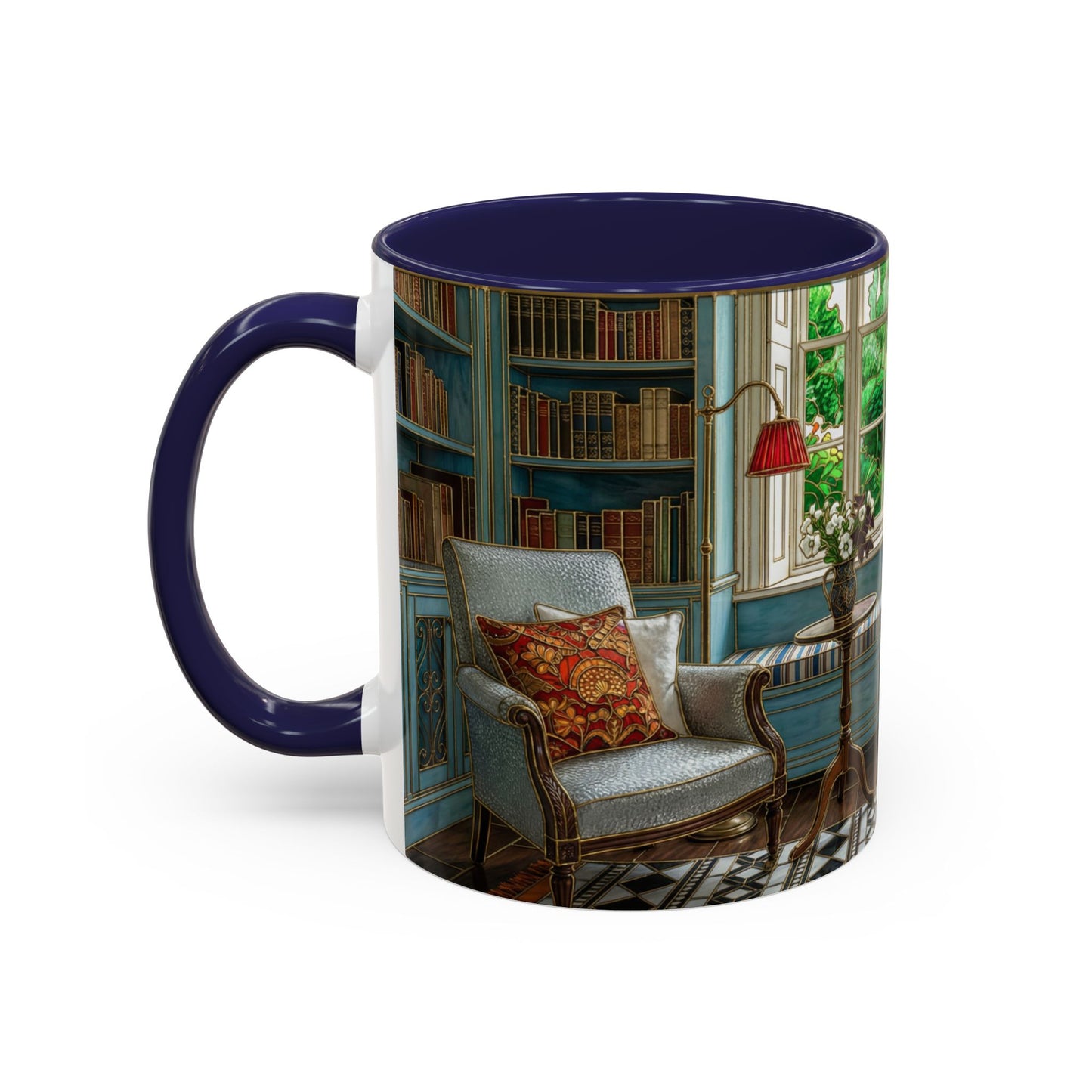 Cozy Reading Nook Coffee Mug — Vintage Library Window Scene Accent Mug