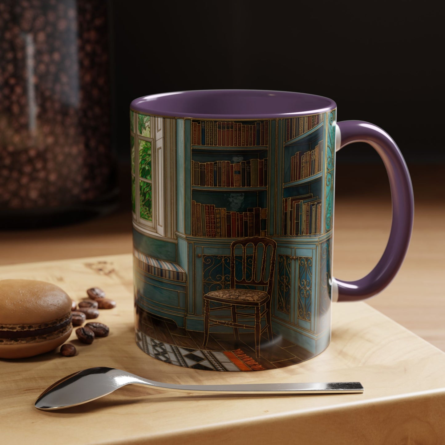 Cozy Reading Nook Coffee Mug — Vintage Library Window Scene Accent Mug