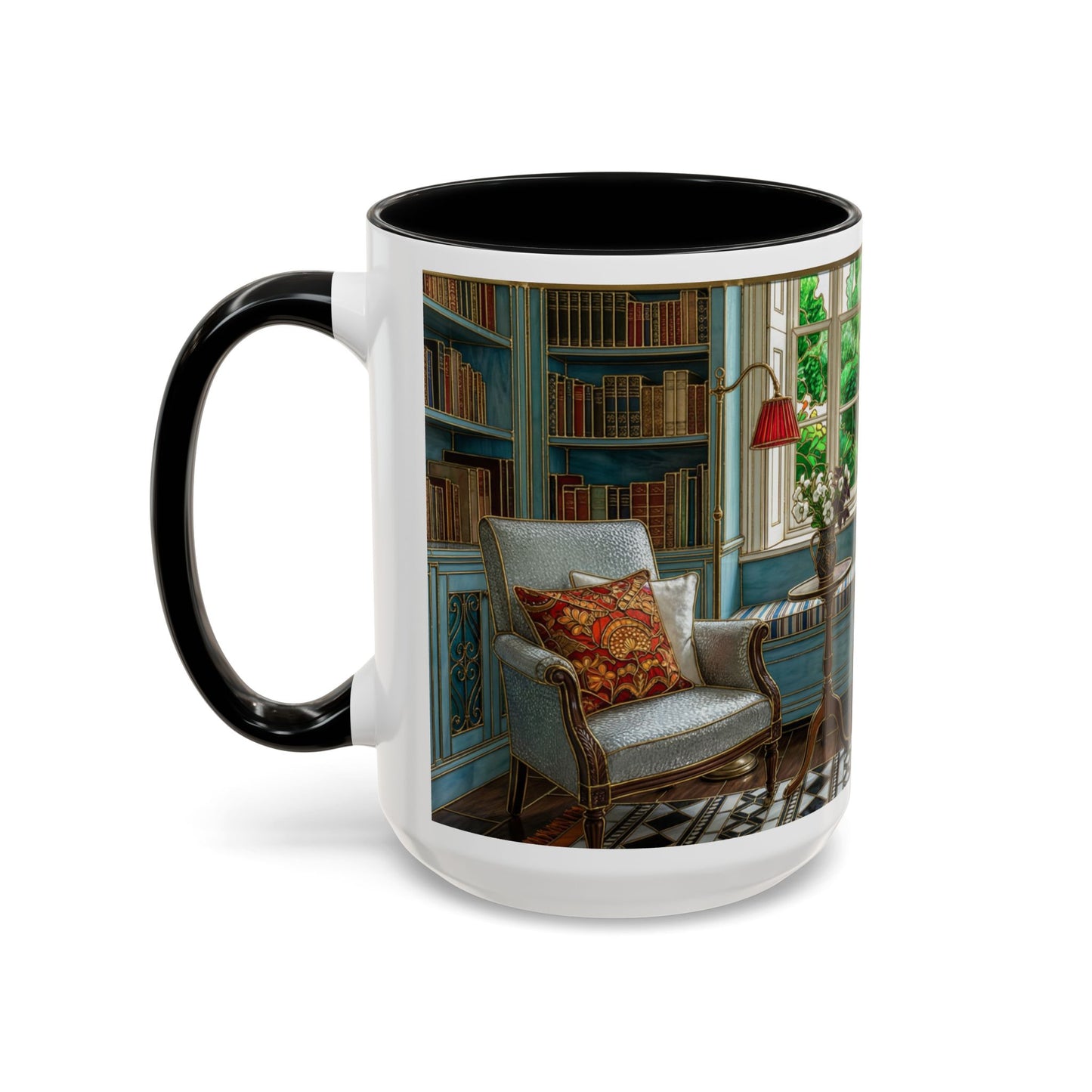 Cozy Reading Nook Coffee Mug — Vintage Library Window Scene Accent Mug