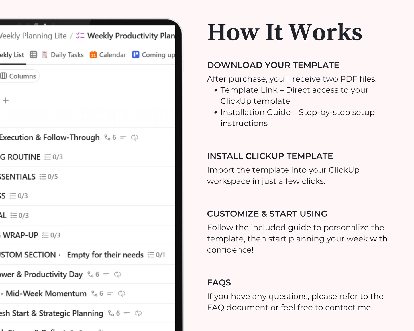 ClickUp Weekly Planner Template | Digital Productivity Organizer | Task Manager | Daily Habit Tracker | Editable