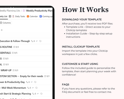 ClickUp Weekly Planner Template | Digital Productivity Organizer | Task Manager | Daily Habit Tracker | Editable