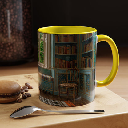 Cozy Reading Nook Coffee Mug — Vintage Library Window Scene Accent Mug