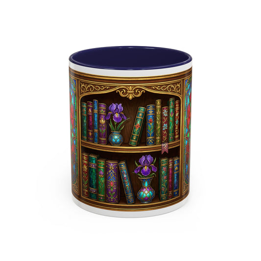 Bookcase Stained Glass Accent Coffee Mug — Floral Vases & Vintage Books (11/15oz)