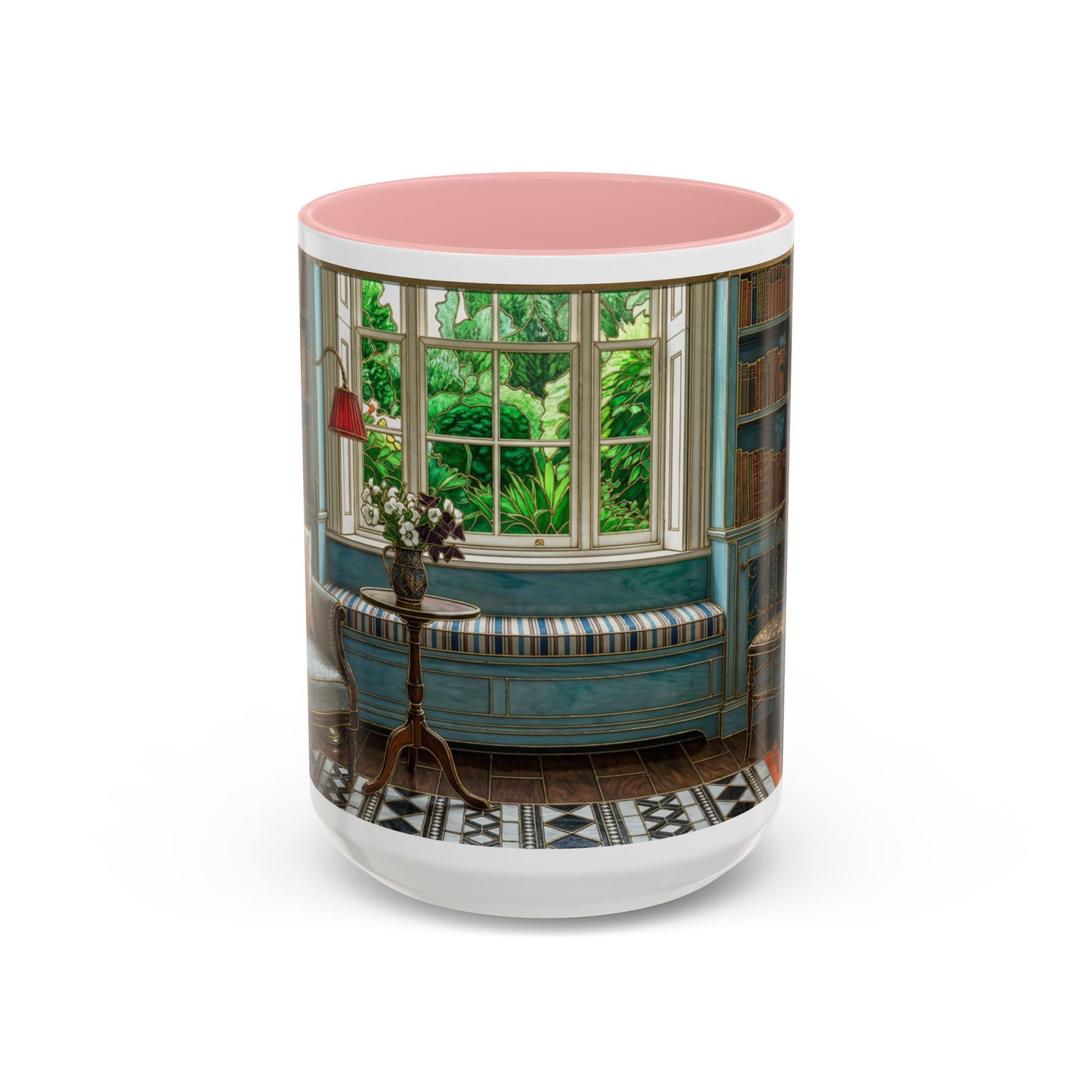 Cozy Reading Nook Coffee Mug — Vintage Library Window Scene Accent Mug