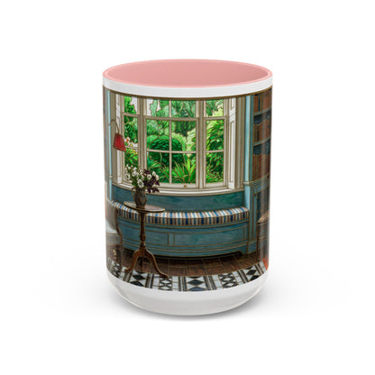 Cozy Reading Nook Coffee Mug — Vintage Library Window Scene Accent Mug
