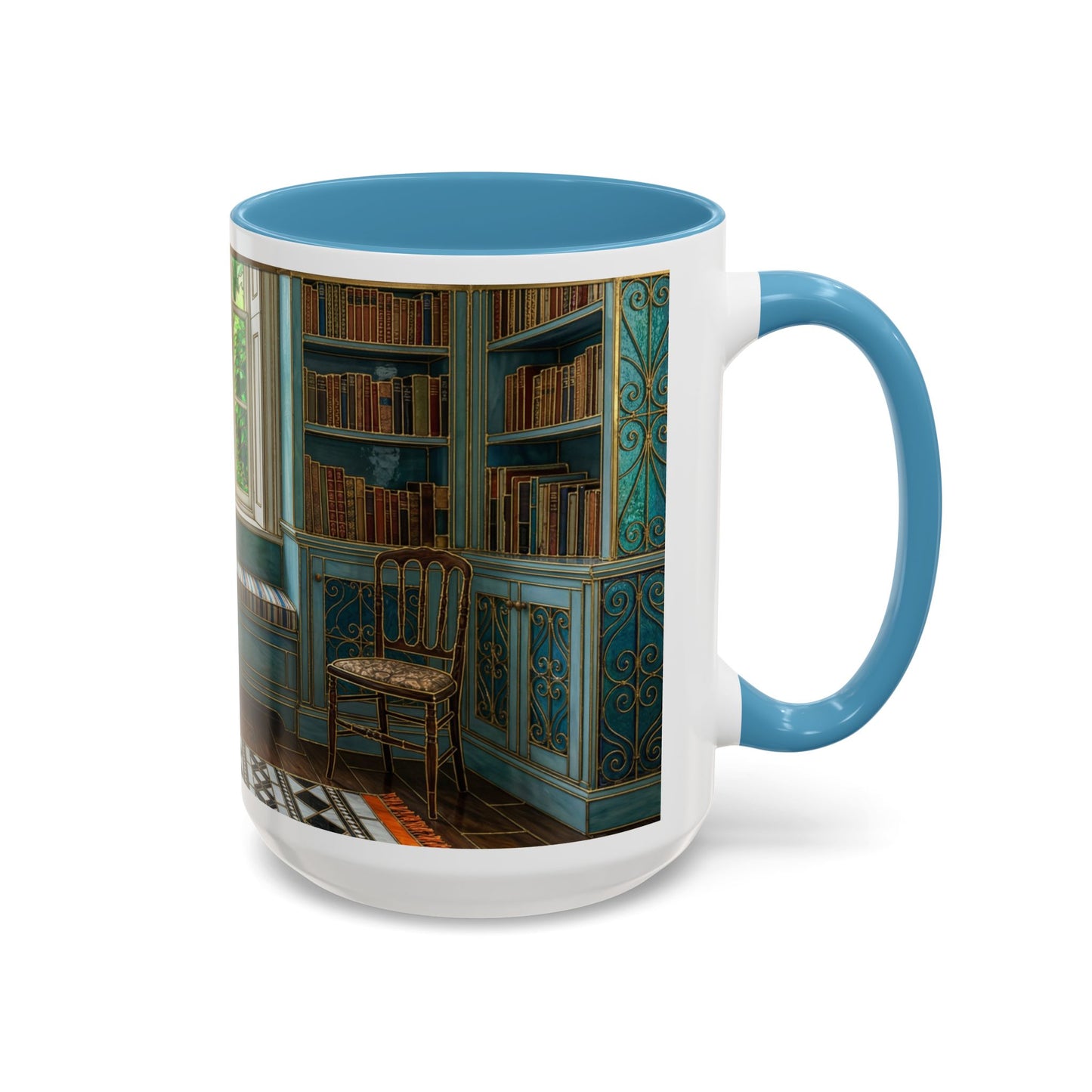 Cozy Reading Nook Coffee Mug — Vintage Library Window Scene Accent Mug