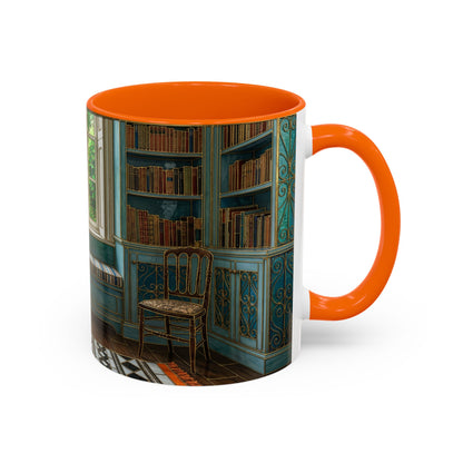 Cozy Reading Nook Coffee Mug — Vintage Library Window Scene Accent Mug