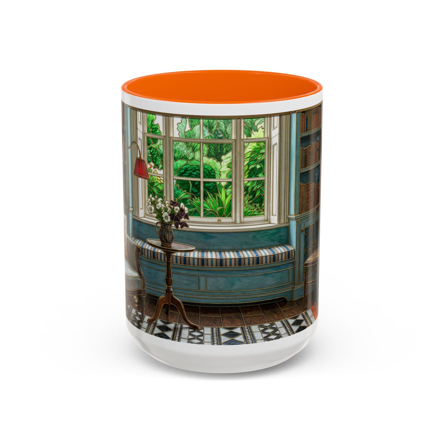Cozy Reading Nook Coffee Mug — Vintage Library Window Scene Accent Mug