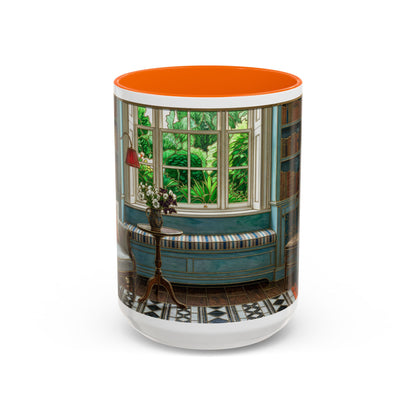 Cozy Reading Nook Coffee Mug — Vintage Library Window Scene Accent Mug