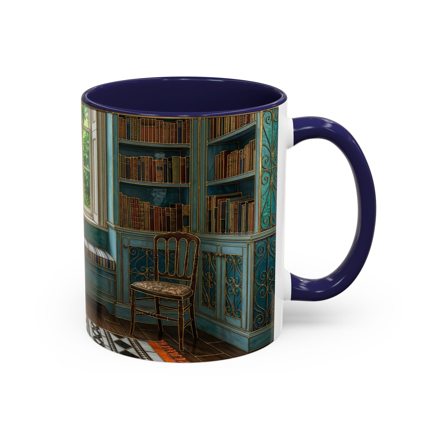 Cozy Reading Nook Coffee Mug — Vintage Library Window Scene Accent Mug