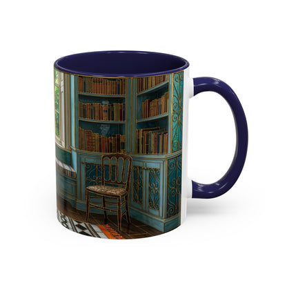 Cozy Reading Nook Coffee Mug — Vintage Library Window Scene Accent Mug