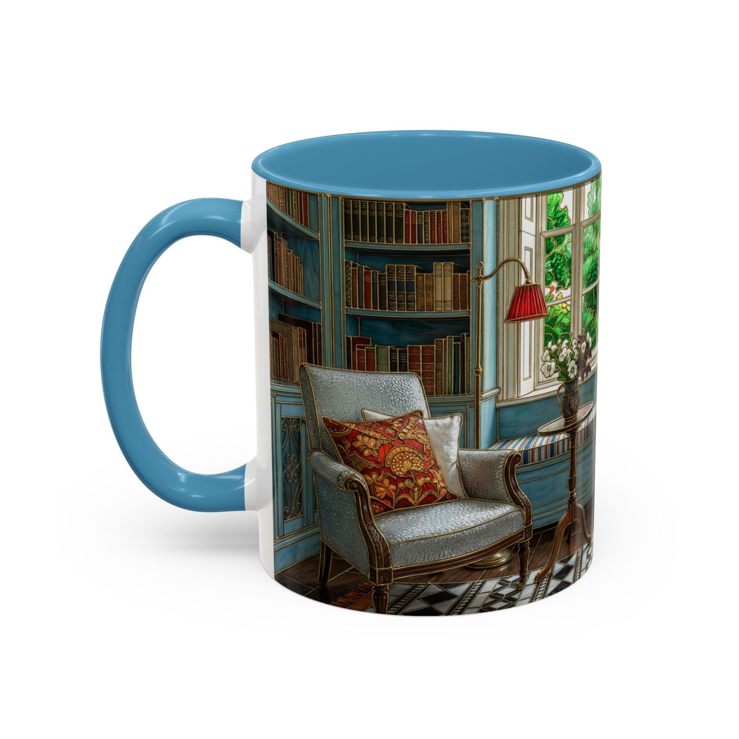 Cozy Reading Nook Coffee Mug — Vintage Library Window Scene Accent Mug