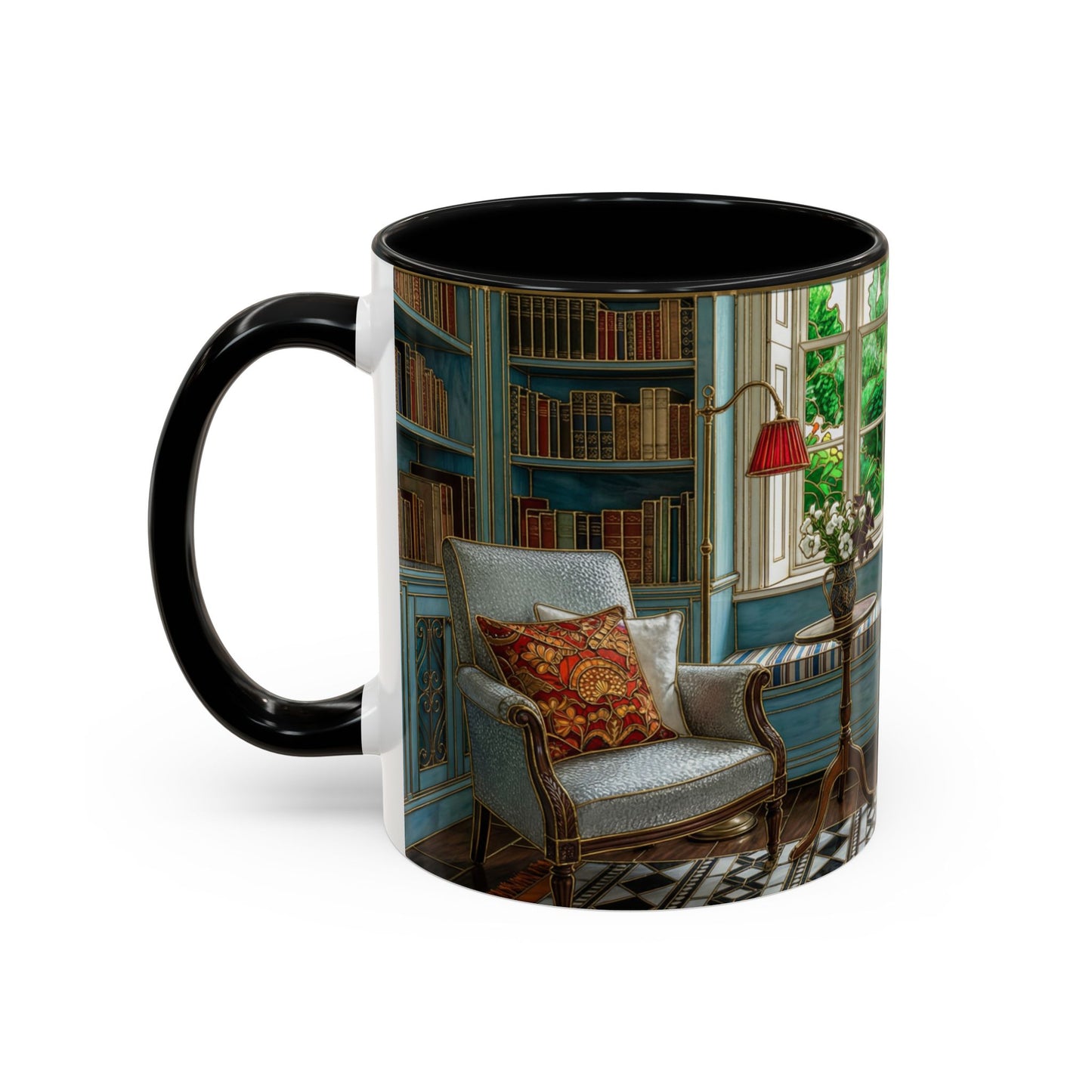 Cozy Reading Nook Coffee Mug — Vintage Library Window Scene Accent Mug