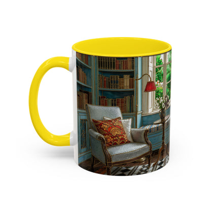 Cozy Reading Nook Coffee Mug — Vintage Library Window Scene Accent Mug