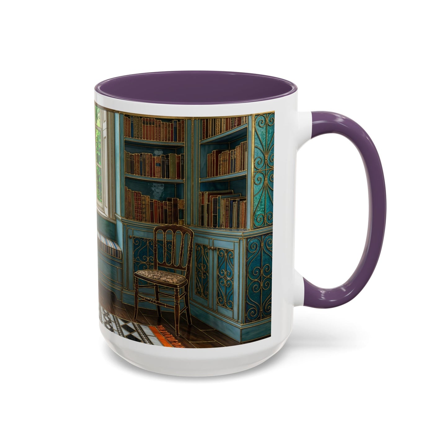 Cozy Reading Nook Coffee Mug — Vintage Library Window Scene Accent Mug