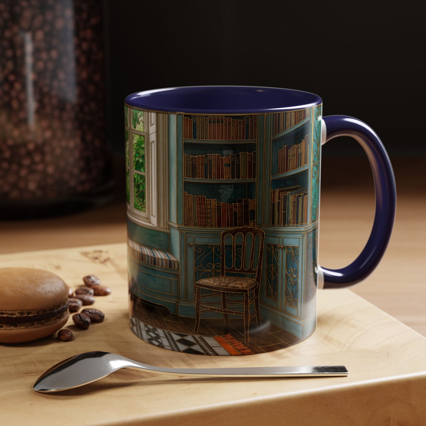 Cozy Reading Nook Coffee Mug — Vintage Library Window Scene Accent Mug