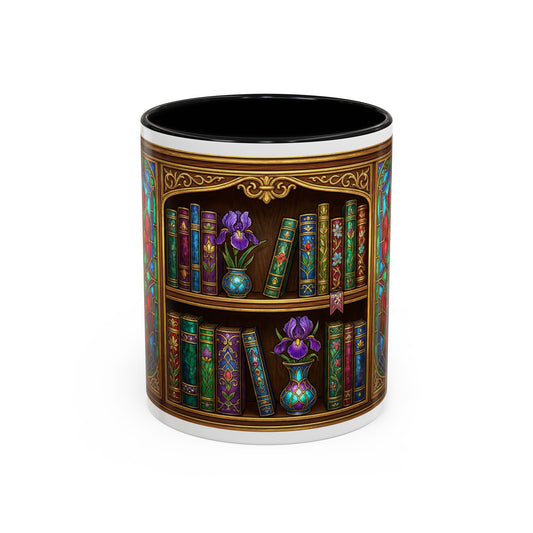 Bookcase Stained Glass Accent Coffee Mug — Floral Vases & Vintage Books (11/15oz)