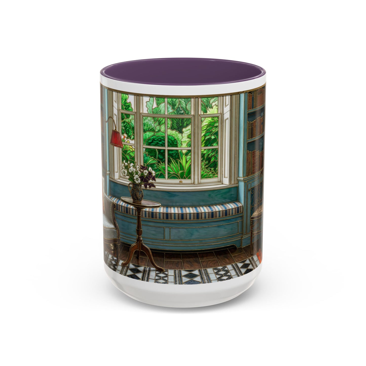 Cozy Reading Nook Coffee Mug — Vintage Library Window Scene Accent Mug