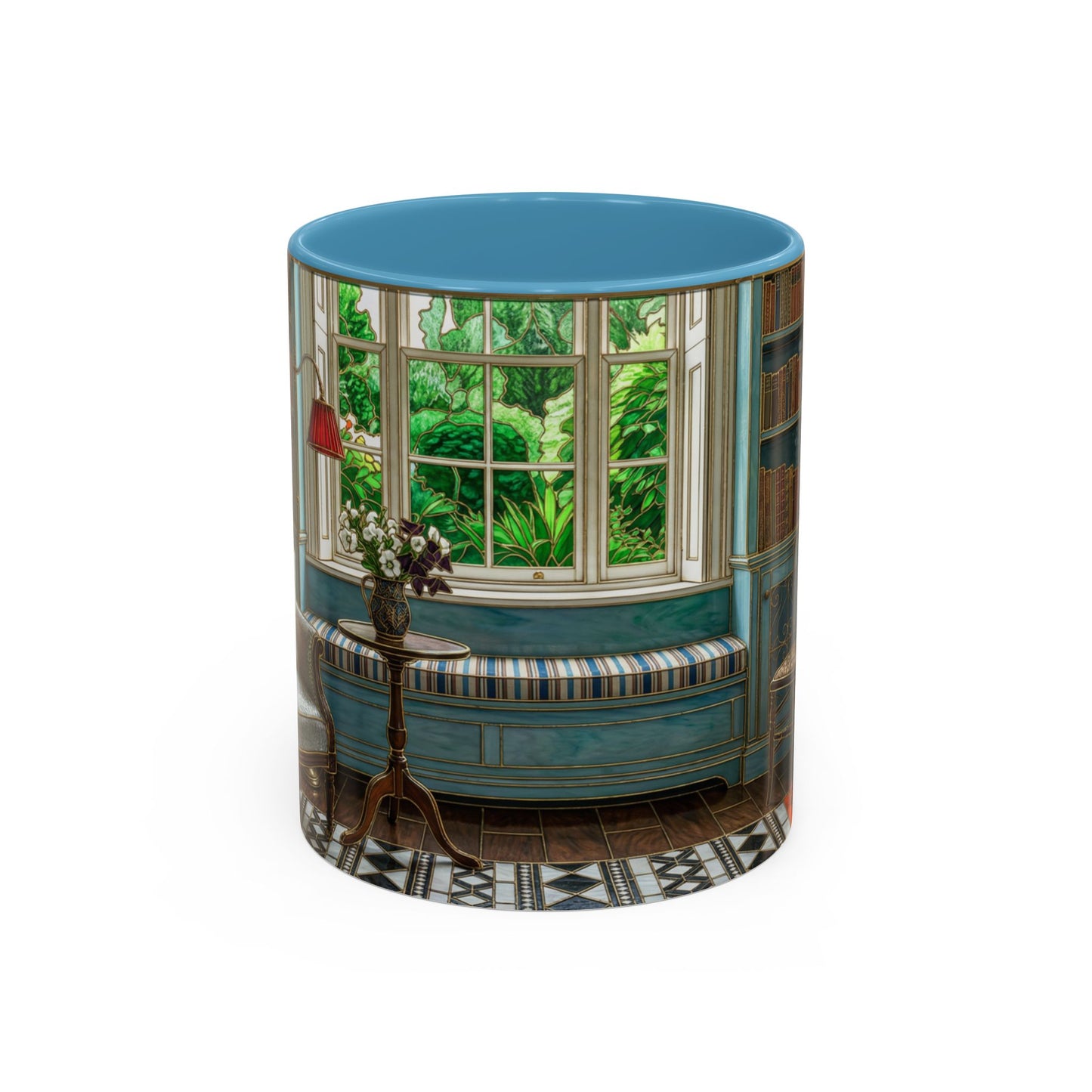 Cozy Reading Nook Coffee Mug — Vintage Library Window Scene Accent Mug