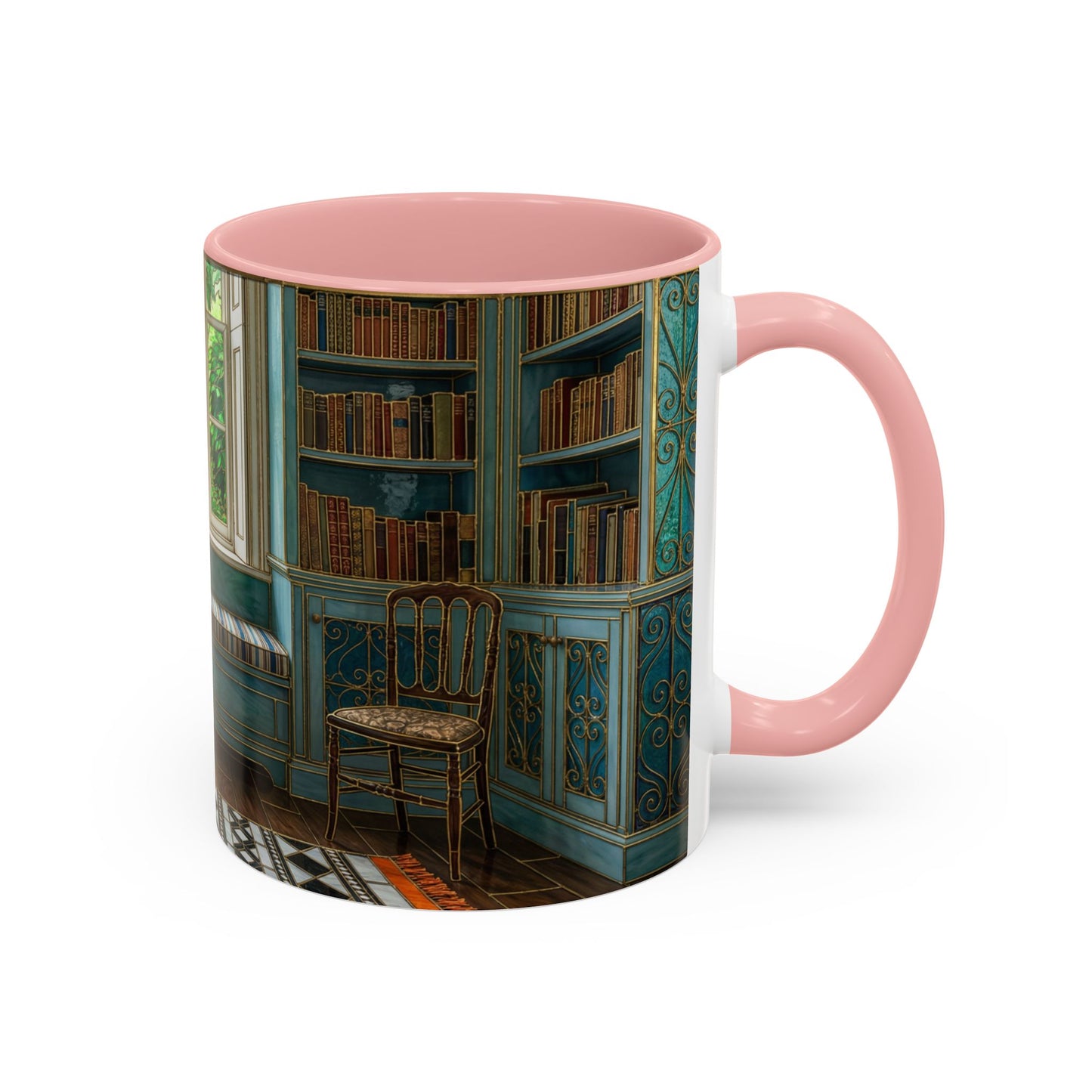 Cozy Reading Nook Coffee Mug — Vintage Library Window Scene Accent Mug