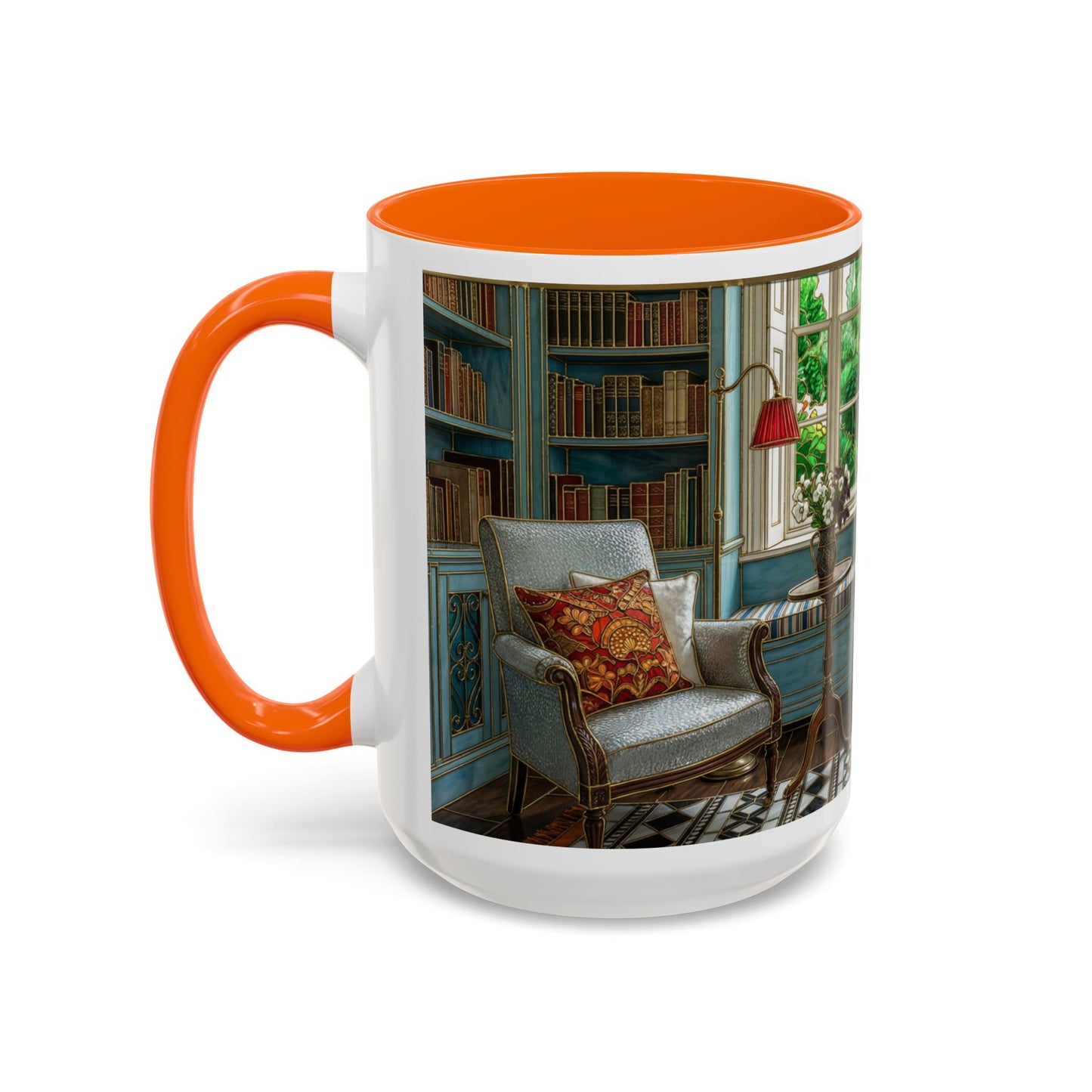 Cozy Reading Nook Coffee Mug — Vintage Library Window Scene Accent Mug