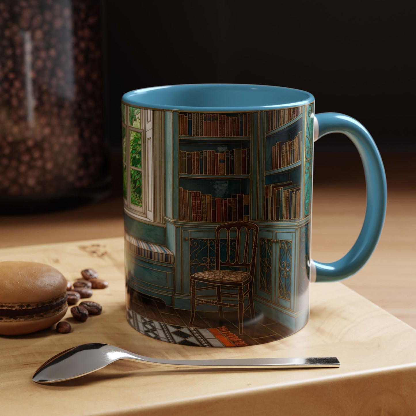 Cozy Reading Nook Coffee Mug — Vintage Library Window Scene Accent Mug