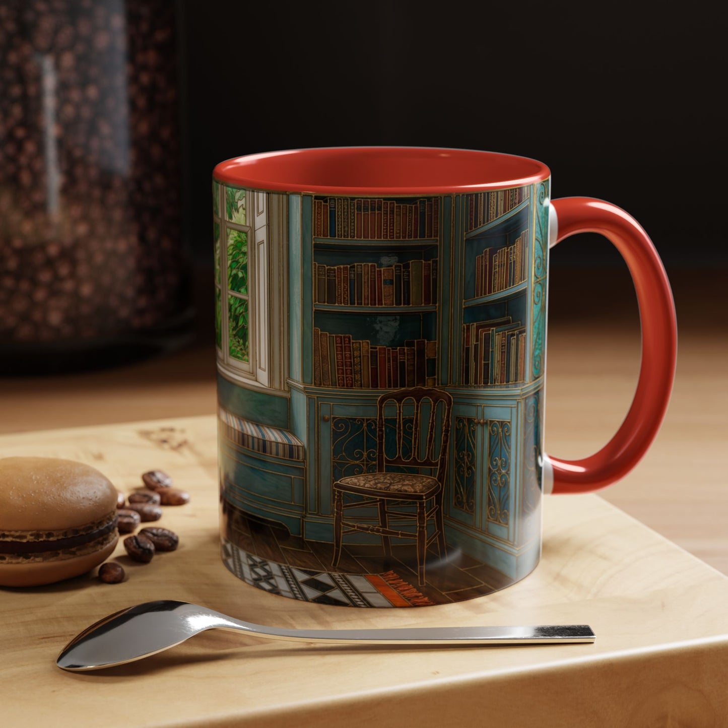 Cozy Reading Nook Coffee Mug — Vintage Library Window Scene Accent Mug