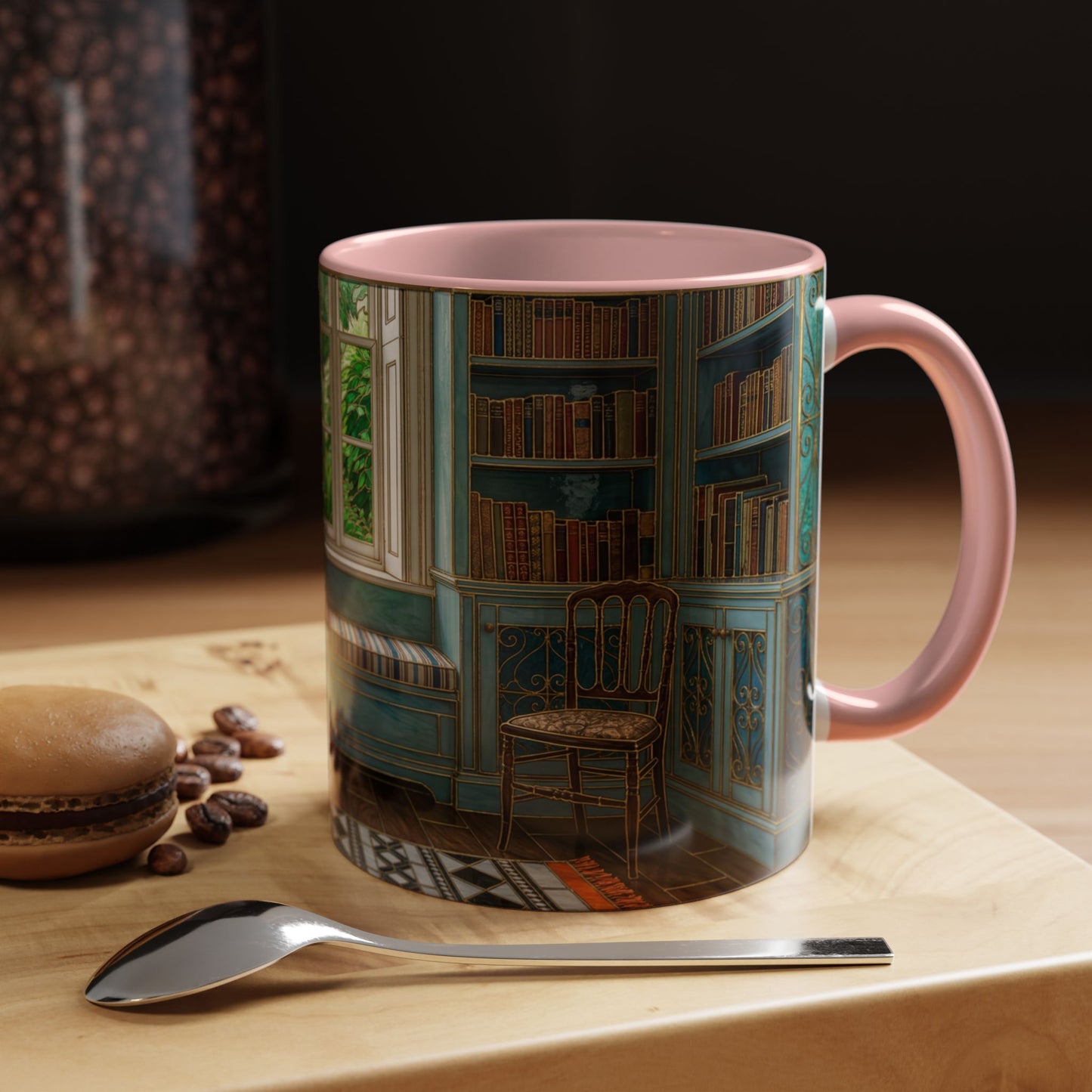 Cozy Reading Nook Coffee Mug — Vintage Library Window Scene Accent Mug