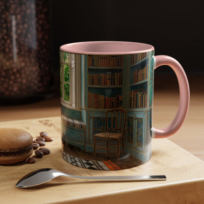 Cozy Reading Nook Coffee Mug — Vintage Library Window Scene Accent Mug