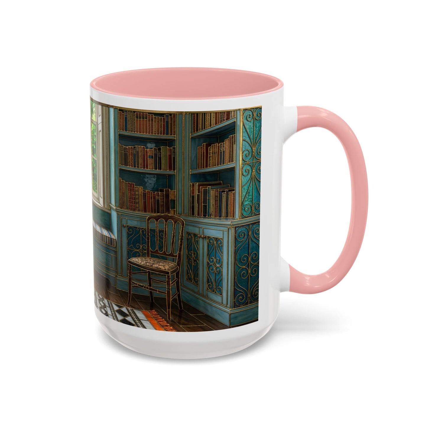 Cozy Reading Nook Coffee Mug — Vintage Library Window Scene Accent Mug