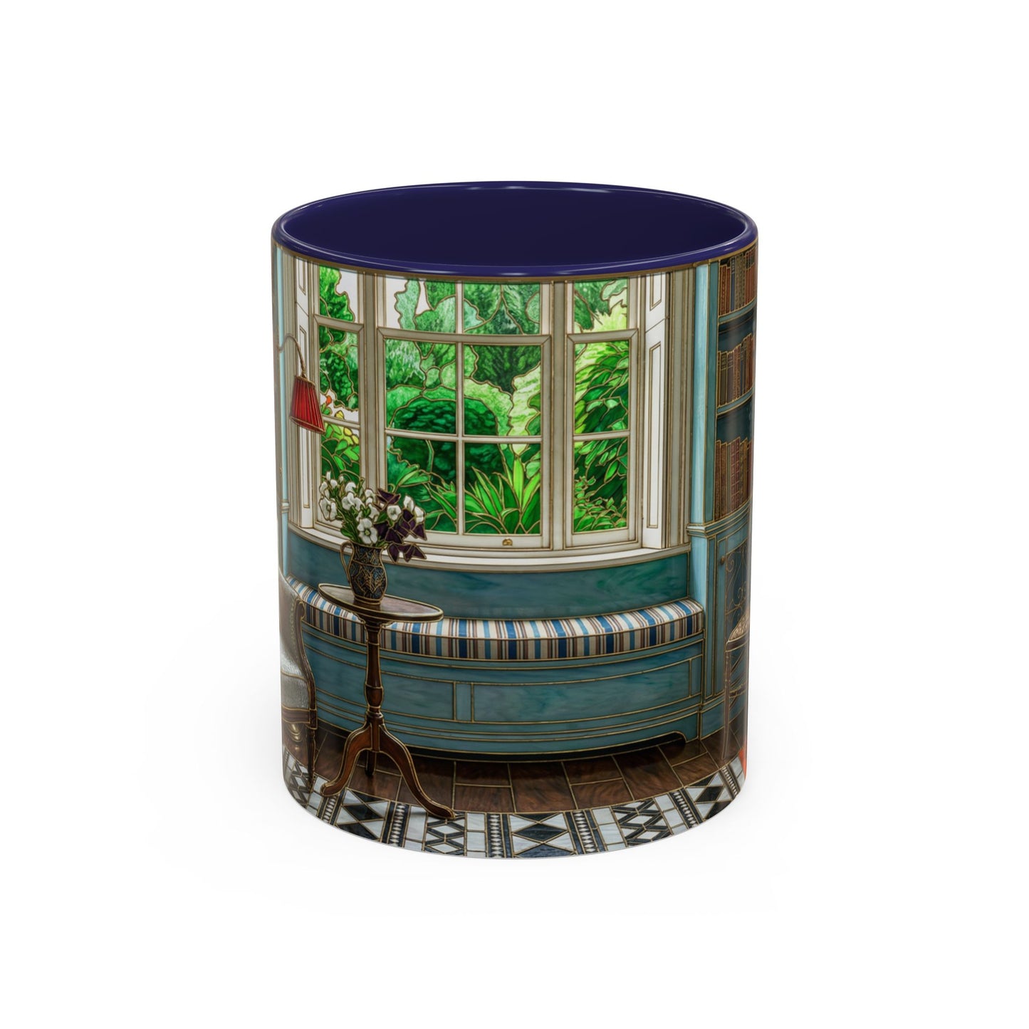 Cozy Reading Nook Coffee Mug — Vintage Library Window Scene Accent Mug