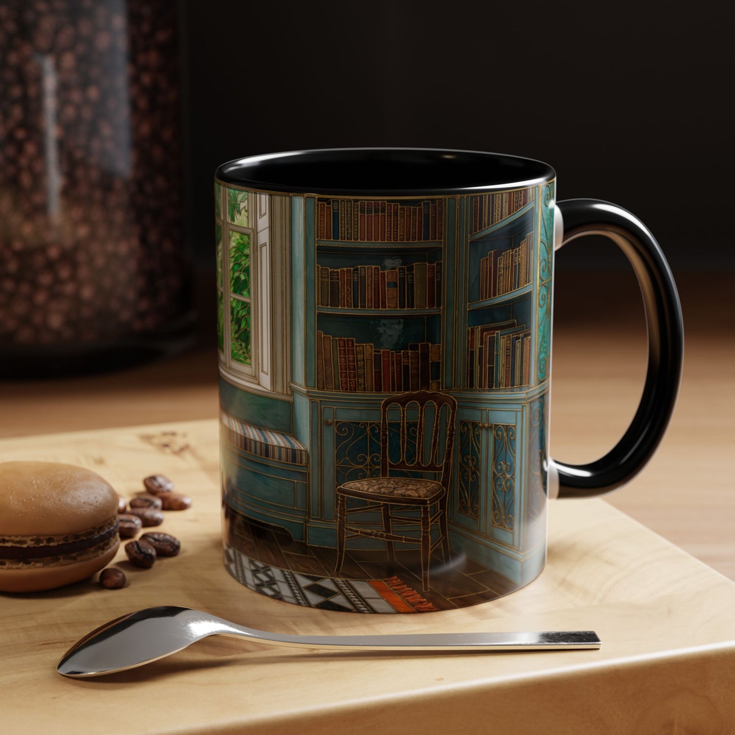 Cozy Reading Nook Coffee Mug — Vintage Library Window Scene Accent Mug