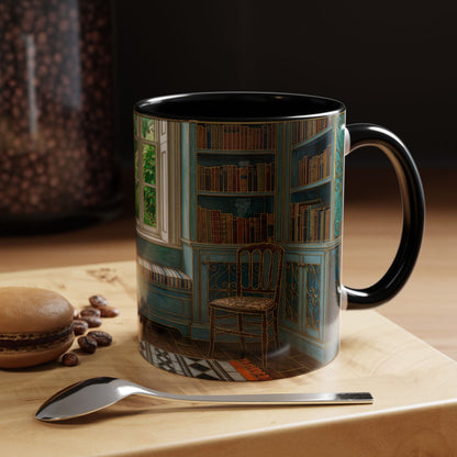 Cozy Reading Nook Coffee Mug — Vintage Library Window Scene Accent Mug
