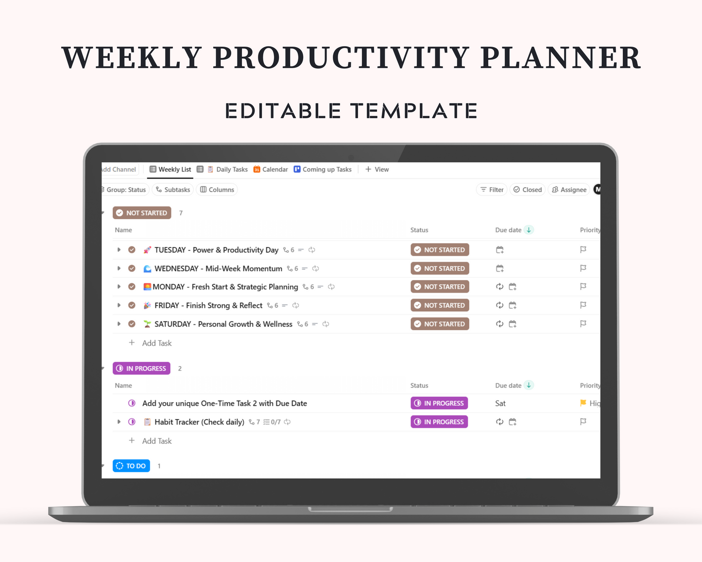 ClickUp Weekly Planner Template | Digital Productivity Organizer | Task Manager | Daily Habit Tracker | Editable