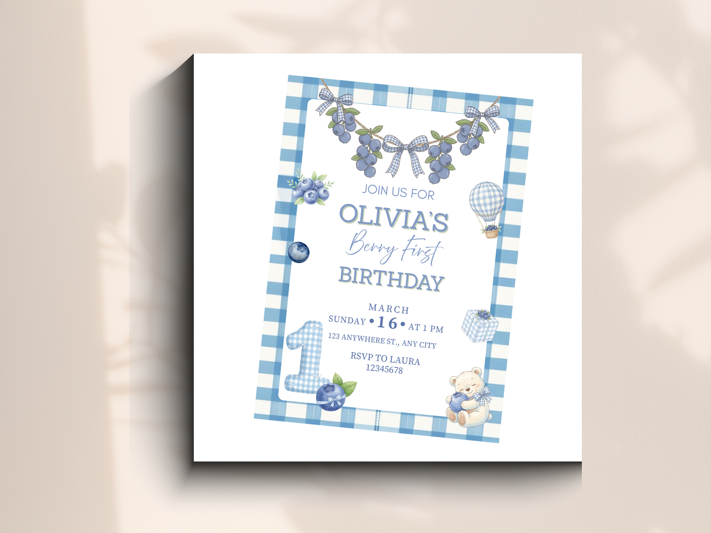 Blueberry First Birthday Invitation | Berry Theme Birthday Invite | Editable & Printable | Mobile Friendly | Gender Neutral