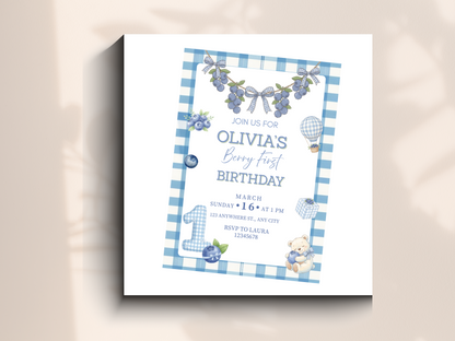Blueberry First Birthday Invitation | Berry Theme Birthday Invite | Editable & Printable | Mobile Friendly | Gender Neutral