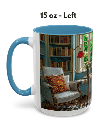 Cozy Reading Nook Coffee Mug — Vintage Library Window Scene Accent Mug