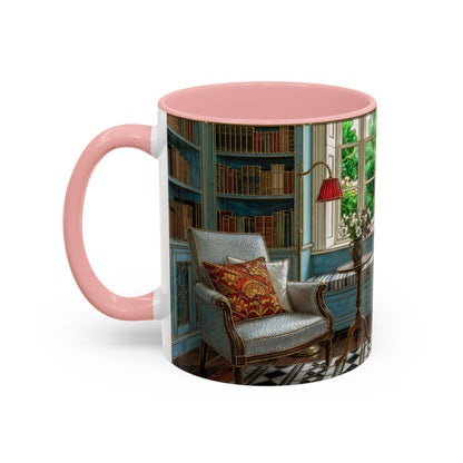Cozy Reading Nook Coffee Mug — Vintage Library Window Scene Accent Mug