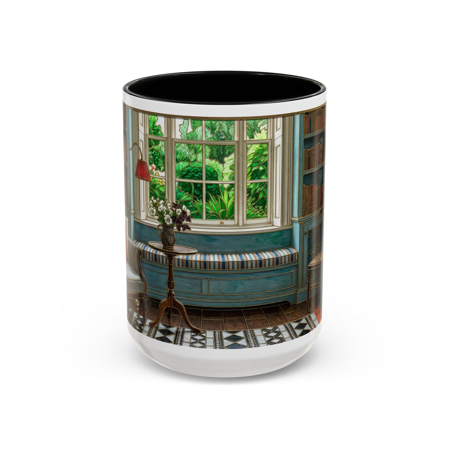 Cozy Reading Nook Coffee Mug — Vintage Library Window Scene Accent Mug