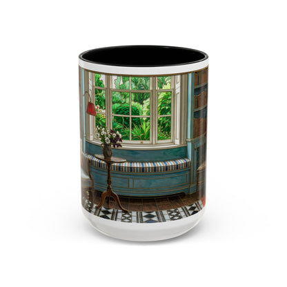 Cozy Reading Nook Coffee Mug — Vintage Library Window Scene Accent Mug